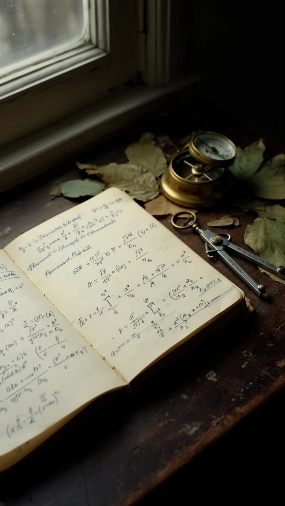 Carnet de recherche, équations à la plume, boussole en laiton